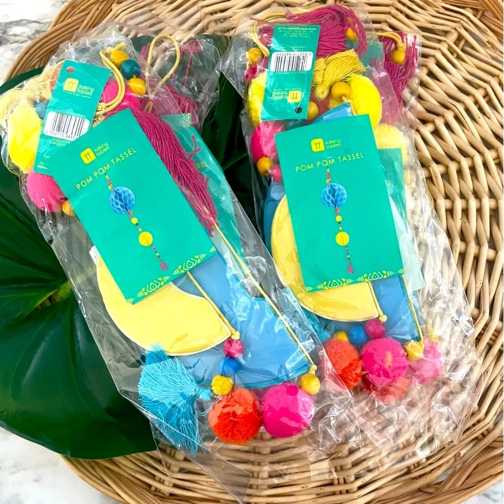 Talking Tables Pom Pom yarn Tassels beads decor set of 4 NWT for car, home, etc.